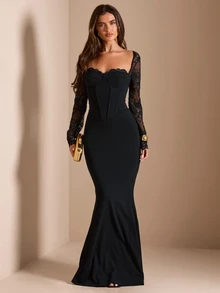 SHEIN BAE CURVE Plus Size Black Lace Patchwork Dress Fall Halloween Cocktail Formal Elegant Sexy - Black - View 1