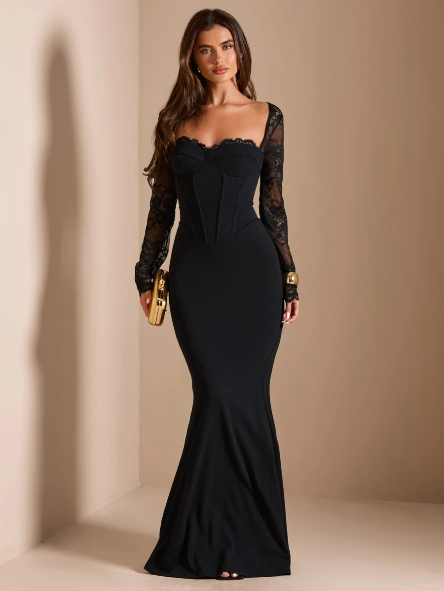 SHEIN BAE CURVE Plus Size Black Lace Patchwork Dress Fall Halloween Cocktail Formal Elegant Sexy - Black - View 1