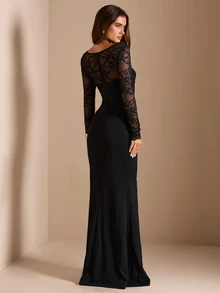 SHEIN BAE CURVE Plus Size Black Lace Patchwork Dress Fall Halloween Cocktail Formal Elegant Sexy - Black - View 2