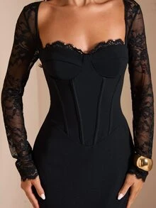 SHEIN BAE CURVE Plus Size Black Lace Patchwork Dress Fall Halloween Cocktail Formal Elegant Sexy - Black - View 7
