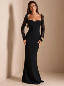 SHEIN BAE CURVE Plus Size Black Lace Patchwork Dress Fall Halloween Cocktail Formal Elegant Sexy - Black - View 6