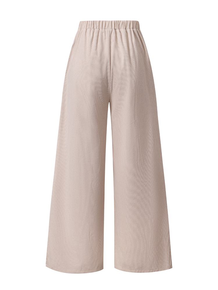 Teen Girls Autumn/Winter Corduroy High-Waisted Straight-Leg Long Pants, Side Slit Hem Loose Draped Wide-Leg Casual Pants, Minimalist Commute Versatile Floor-Length Trousers - Apricot - View 2