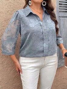 EMERY ROSE Blusa casual de mujer talla grande de unicolor, cuello en V, manga 3/4, decoración con botones, de tela de chifón jacquard - Azul - Ver 7