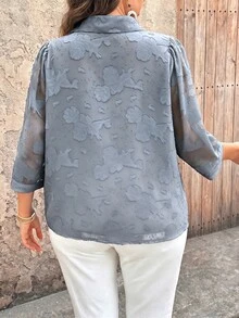 EMERY ROSE Blusa casual de mujer talla grande de unicolor, cuello en V, manga 3/4, decoración con botones, de tela de chifón jacquard - Azul - Ver 2