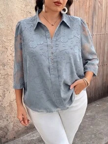 EMERY ROSE Blusa casual de mujer talla grande de unicolor, cuello en V, manga 3/4, decoración con botones, de tela de chifón jacquard - Azul - Ver 6