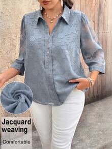 EMERY ROSE Blusa casual de mujer talla grande de unicolor, cuello en V, manga 3/4, decoración con botones, de tela de chifón jacquard - Azul - Ver 1