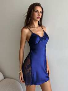 Aloruh Contrast Eyelash Lace Bow Detail Satin Cami Pajama Night Dress Luxeloungewear, Moo Moo Night Dress - Navy Blue - View 4