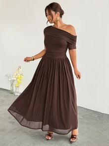 Firerie Plus Size Women's Elegant Formal Curve Solid Color Asymmetric Collar Dress Summer Brown Wedding Evening Formal Evening Guest Party Cocktail Graduation - Coffee Brown - View 5