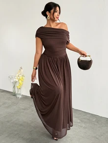 Firerie Plus Size Women's Elegant Formal Curve Solid Color Asymmetric Collar Dress Summer Brown Wedding Evening Formal Evening Guest Party Cocktail Graduation - Coffee Brown - View 9