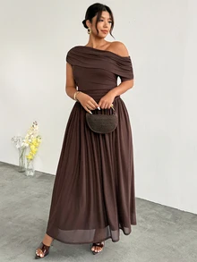 Firerie Plus Size Women's Elegant Formal Curve Solid Color Asymmetric Collar Dress Summer Brown Wedding Evening Formal Evening Guest Party Cocktail Graduation - Coffee Brown - View 3
