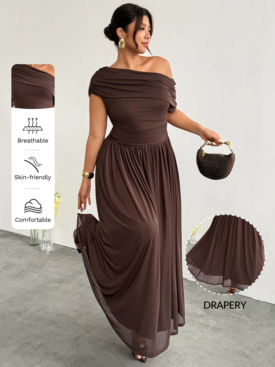 Firerie Plus Size Women's Elegant Formal Curve Solid Color Asymmetric Collar Dress Summer Brown Wedding Evening Formal Evening Guest Party Cocktail Graduation - Coffee Brown - View 1
