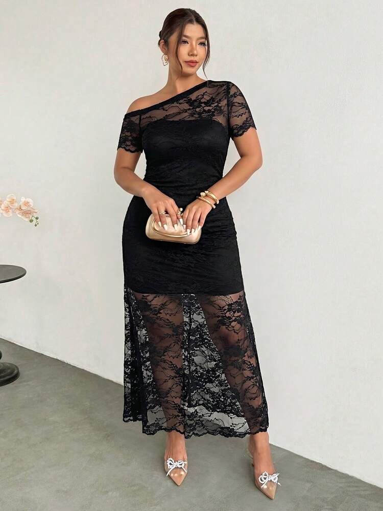 Firerie Plus Size Summer Elegant Sexy Solid Color Lace Asymmetric Collar Dress Party Cocktail Dinner Brunch Wedding Guest Black For Women Wedding Wedding - Black - View 6