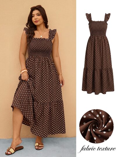 Elaquor Plus Size Women's Vacation Polka Dot Print Shirred Design Dress Vacation Brown Summer Boho 90s Vacation Vacation Vacation Vacation