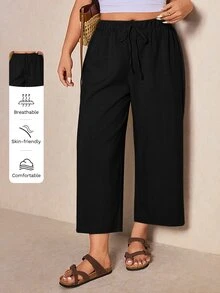 Elaquor Plus Size Casual Loose Solid Color Pants - Black - View 2