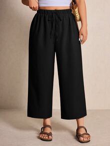 Elaquor Plus Size Casual Loose Solid Color Pants - Black - View 7