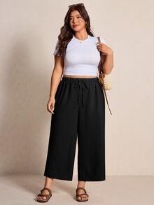 Elaquor Plus Size Casual Loose Solid Color Pants - Black - View 5
