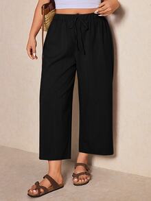 Elaquor Plus Size Casual Loose Solid Color Pants - Black - View 8