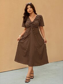 Elaquor 大尺碼棕色印花扭結休閒 1960s 1950s 復古優雅度假洋裝 晚宴 正式場合 度假 婚禮賓客 夏季 - 咖啡棕 - 查看 5