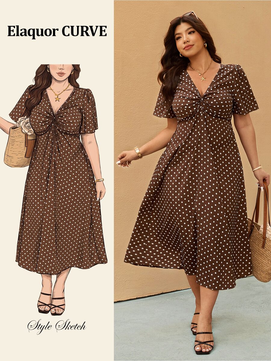 Elaquor 大尺碼棕色印花扭結休閒 1960s 1950s 復古優雅度假洋裝 晚宴 正式場合 度假 婚禮賓客 夏季