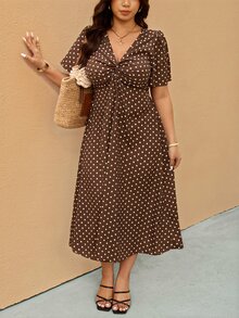 Elaquor 大尺碼棕色印花扭結休閒 1960s 1950s 復古優雅度假洋裝 晚宴 正式場合 度假 婚禮賓客 夏季 - 咖啡棕 - 查看 4