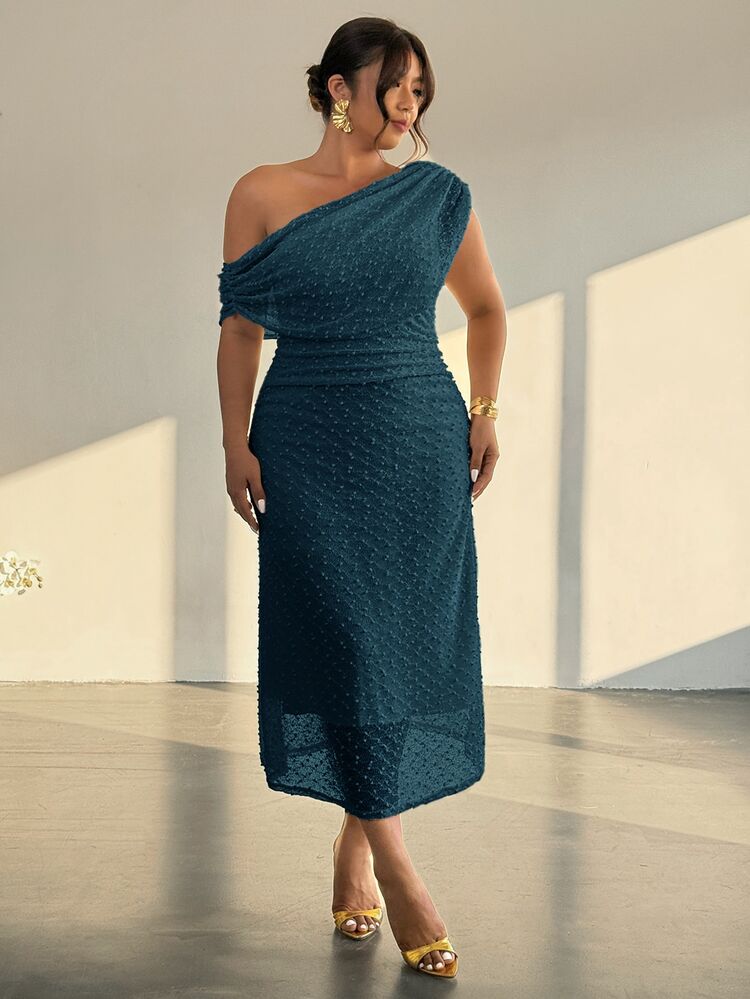 Firerie Plus Size Spring/Summer New Elegant Asymmetric Shoulder Short Sleeve Pleated Waist Knit Dress, Casual Versatile Party Wear For Women - Navy Blue - View 3
