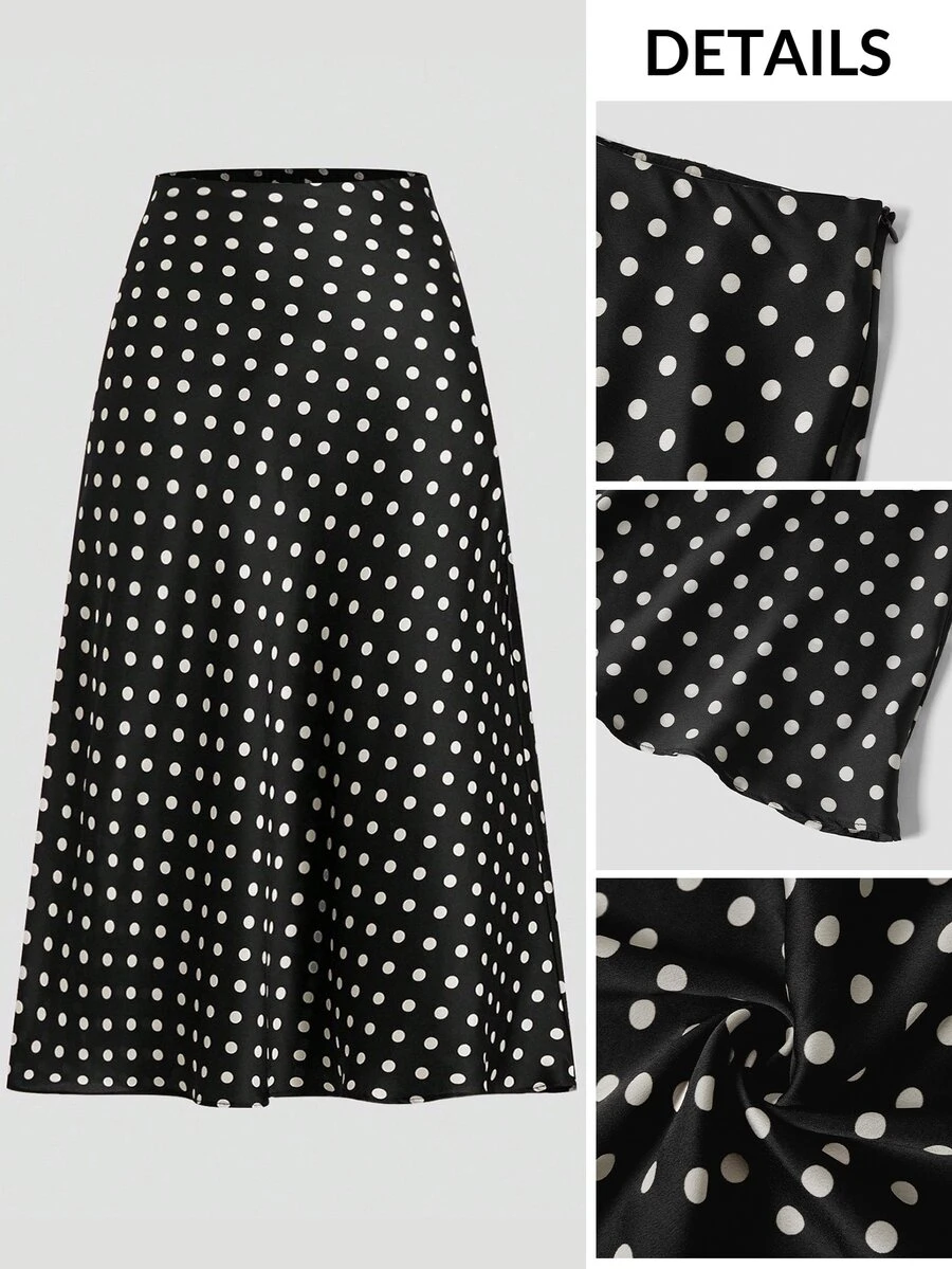 Firerie Plus Size Polka Dot Print Casual Elegant Skirt/ Spring To Summer Office Formal Vacation Black And White