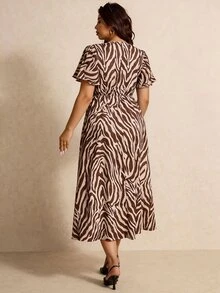 Elaquor 大码女式斑马纹V领短袖优雅连衣裙 - 彩色 - 查看 2