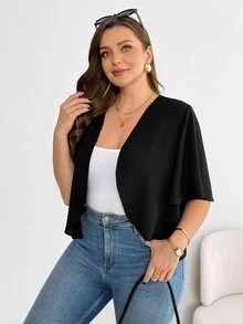 SHEIN Essnce 大尺碼女款黑色優雅辦公晚宴正式秋季短袖開襟衫，春夏休閒舒適日常百搭外套上衣 - 黑色 - 查看 5