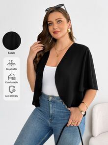 SHEIN Essnce 大尺碼女款黑色優雅辦公晚宴正式秋季短袖開襟衫，春夏休閒舒適日常百搭外套上衣 - 黑色 - 查看 9