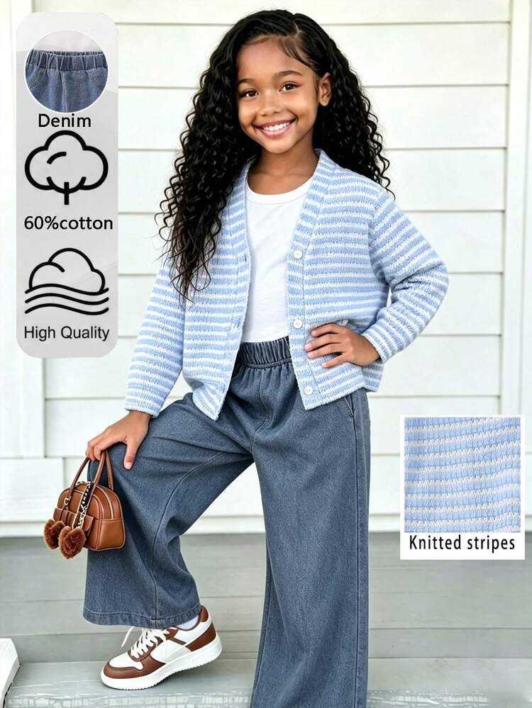 2pcs/Set Girls Autumn New Striped Blue & White Dropped Shoulder Long Sleeve Cardigan Jacket Casual Straight Leg Blue Denim Jeans Versatile Fashion Minimalist Girls Outfit - Multicolor - View 8