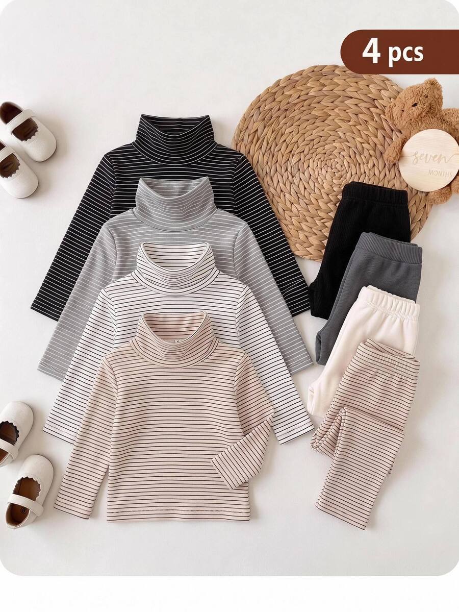 SHEIN 4pcs Baby Girl High Neck Striped Thick Composite Material Loose Versatile Base Layer Tops Suitable For Winter - Multicolor - View 1