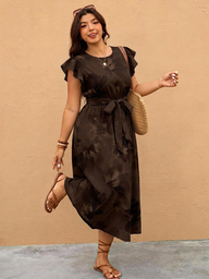 Elaquor Robe décontractée minimaliste romantique à imprimé floral grande taille pour femmes, avec volants et manches courtes, convient pour l'été, les rendez-vous, les fêtes