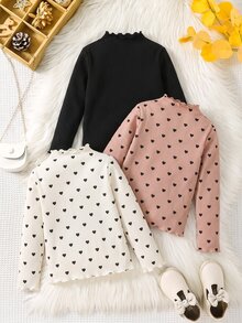 SHEIN Young Girls 3pcs/Set Young Girls Casual All-Match Versatile Solid Color Ribbed Trim Mock Neck Tee Knit Solid Color Stand Collar Fitted T-Shirt Set Autumn/Winter - Multicolor - View 3