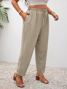 SHEIN Frenchy Plus Size Vacation Solid Color Knotted Casual Pants With Pockets Hawaii Brunch Khaki Summer - Grey - View 7