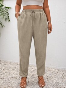 SHEIN Frenchy Plus Size Vacation Solid Color Knotted Casual Pants With Pockets Hawaii Brunch Khaki Summer - Grey - View 4