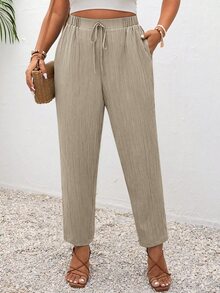 SHEIN Frenchy Plus Size Vacation Solid Color Knotted Casual Pants With Pockets Hawaii Brunch Khaki Summer - Grey - View 8