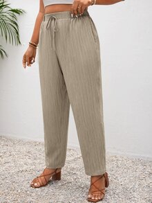 SHEIN Frenchy Plus Size Vacation Solid Color Knotted Casual Pants With Pockets Hawaii Brunch Khaki Summer - Grey - View 9