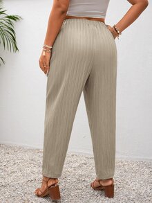 SHEIN Frenchy Plus Size Vacation Solid Color Knotted Casual Pants With Pockets Hawaii Brunch Khaki Summer - Grey - View 3