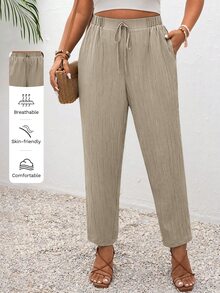 SHEIN Frenchy Plus Size Vacation Solid Color Knotted Casual Pants With Pockets Hawaii Brunch Khaki Summer - Grey - View 2