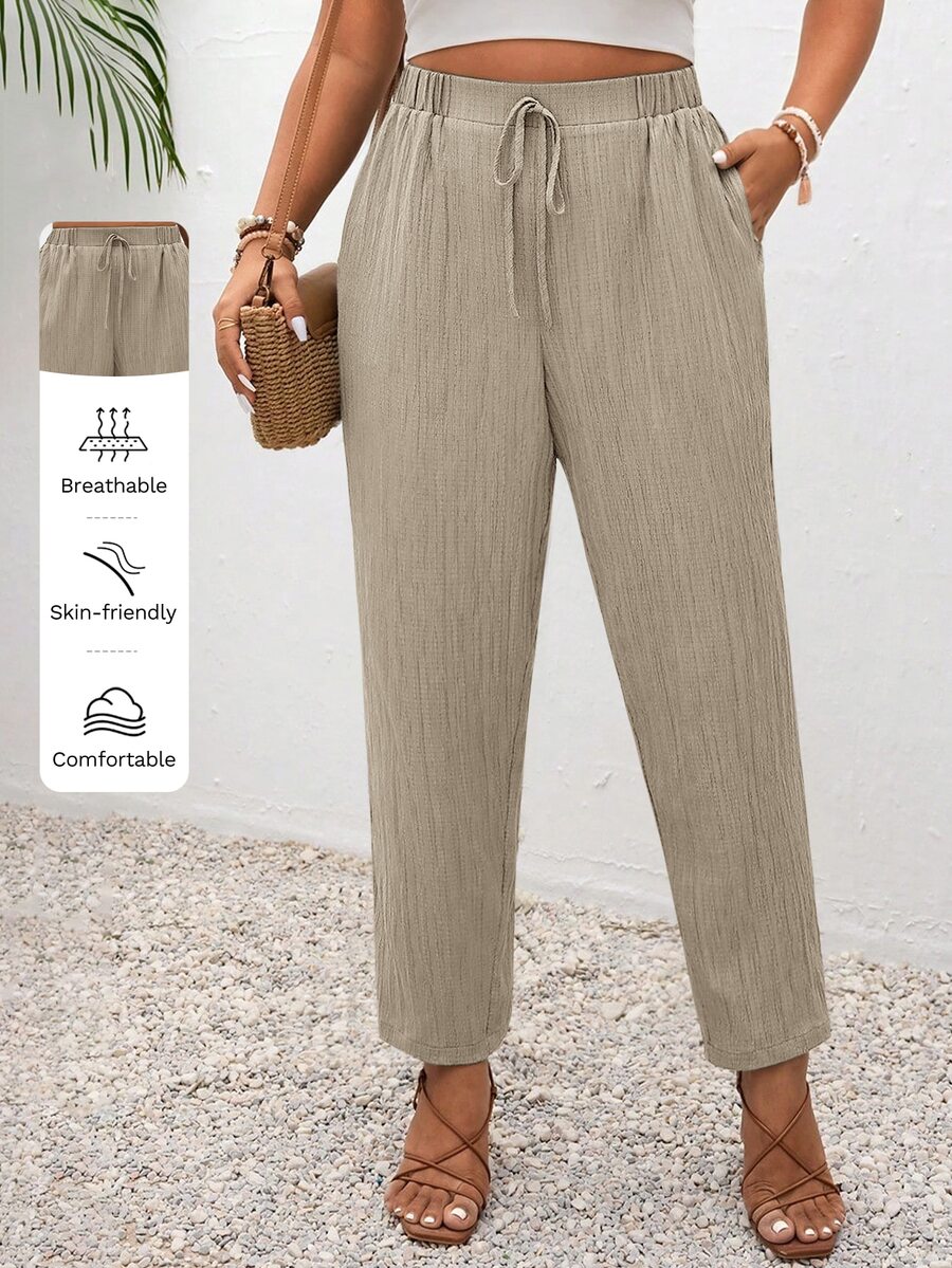 SHEIN Frenchy Plus Size Vacation Solid Color Knotted Casual Pants With Pockets Hawaii Brunch Khaki Summer