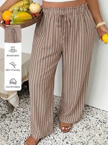 SHEIN Frenchy Plus Size Women Casual Business Boho Loose Pants Fashionable For Vacation Striped Beach Vacation Trouser Autumn Holiday Vacaion Pants - Multicolor - View 4