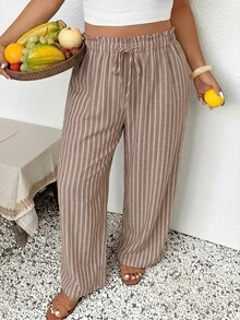 SHEIN Frenchy Plus Size Women Casual Business Boho Loose Pants Fashionable For Vacation Striped Beach Vacation Trouser Autumn Holiday Vacaion Pants - Multicolor - View 2
