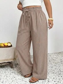 SHEIN Frenchy Plus Size Women Casual Business Boho Loose Pants Fashionable For Vacation Striped Beach Vacation Trouser Autumn Holiday Vacaion Pants - Multicolor - View 6