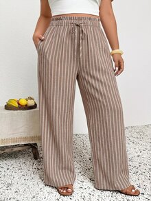 SHEIN Frenchy Plus Size Women Casual Business Boho Loose Pants Fashionable For Vacation Striped Beach Vacation Trouser Autumn Holiday Vacaion Pants - Multicolor - View 8