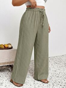 SHEIN Frenchy 大尺碼女款抽繩腰橄欖綠休閒波希米亞風百搭長褲，適合日常、度假、旅行、秋季、健身 - 綠色 - 查看 6
