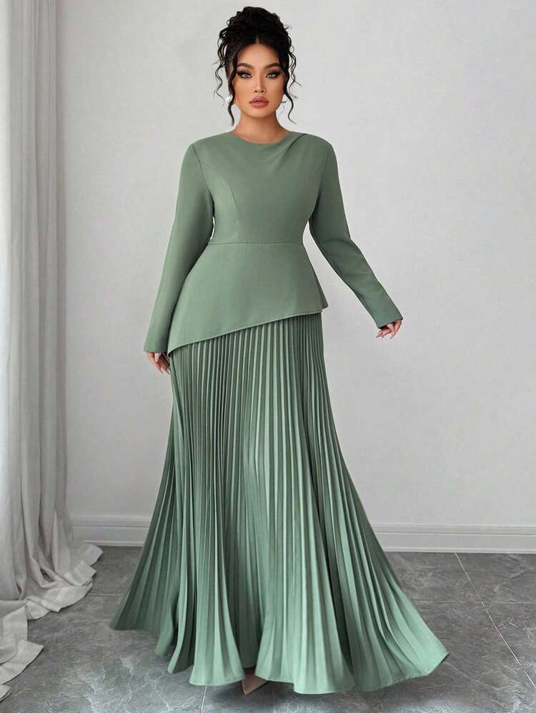 Elenzga Plus Size Round Neck Asymmetrical Ruched A-Line Long Sleeve Sage Green Midi Dress,Elegant French Style Wedding,Fall Winter, Al-Adha Waist Teal - Green - View 6