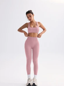 Velisys Velisys 女款純色短版上衣與高腰緊身褲休閒運動風運動日常健身套裝 灰粉色 夏季 - 彩色 - 查看 5