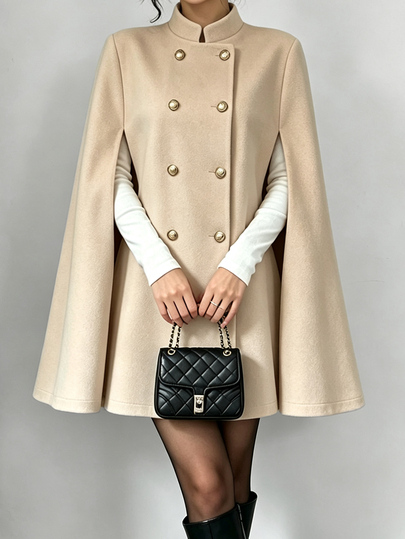 Elenzga Women's Fashion Khaki Vintage Cape Collar Double-Breasted Loose Shawl Style Light Luxury Academic Elegant Minimalist Daily Commute Date Travel Overcoat