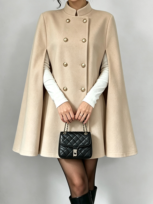 Elenzga Women's Fashion Khaki Vintage Cape Collar Double-Breasted Loose Shawl Style Light Luxury Academic Elegant Minimalist Daily Commute Date Travel Overcoat