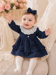 SHEIN 1pc Baby Girl Sweet Princess Lace Collar Navy Blue Corduroy Ruffle Hem Long Sleeve A-Line Regular Dress For Birthday Party Photo Shoot Autumn Winter - Navy Blue - View 2